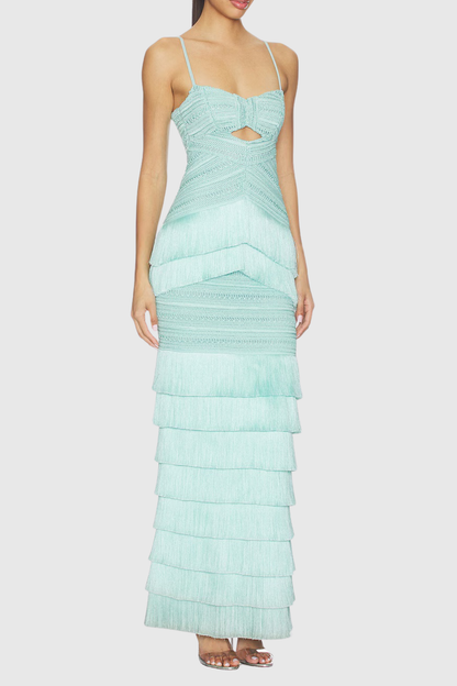 Este Crochet Fringe Tiered Maxi Dress - Green
