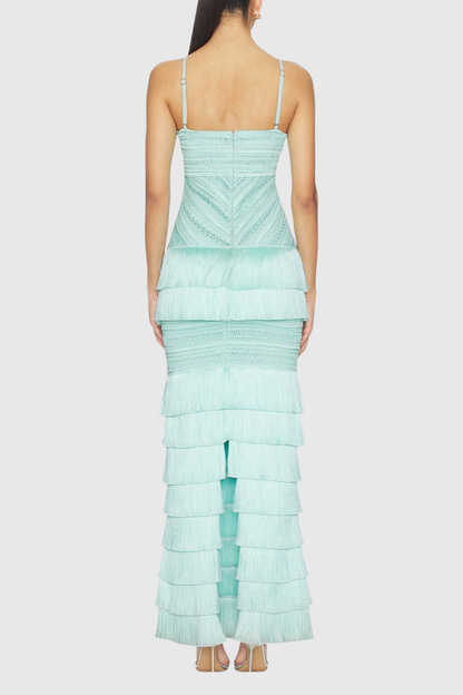 Este Crochet Fringe Tiered Maxi Dress - Green