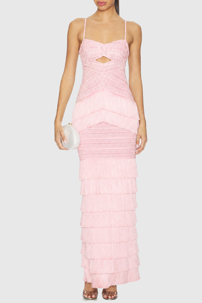 Este Crochet Fringe Tiered Maxi Dress - Pink
