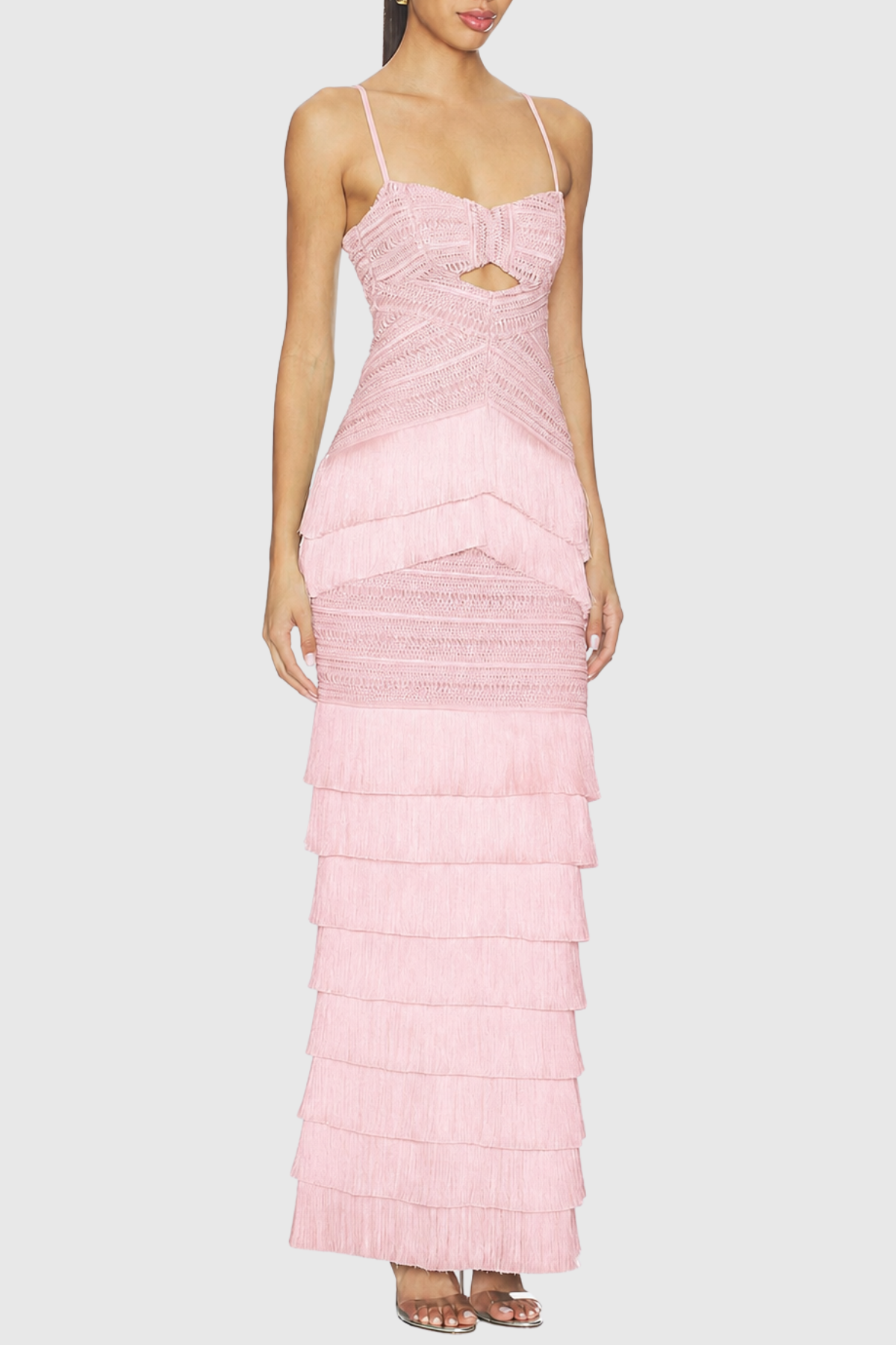 Este Crochet Fringe Tiered Maxi Dress - Pink