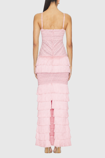 Este Crochet Fringe Tiered Maxi Dress - Pink
