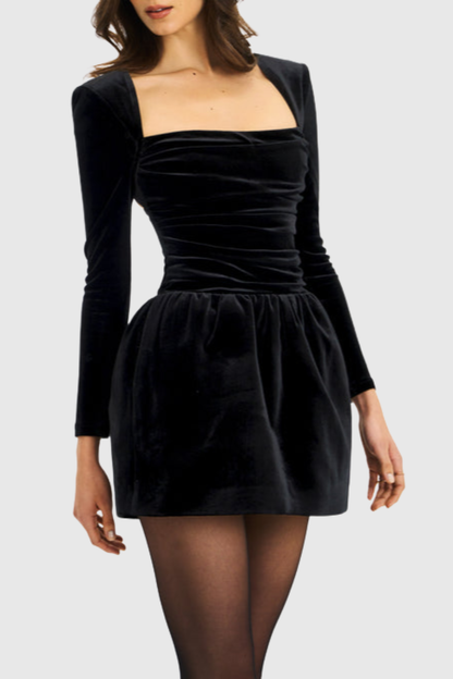 Esteba Square Neck Bow-Tie Velvet Mini Dress - Black