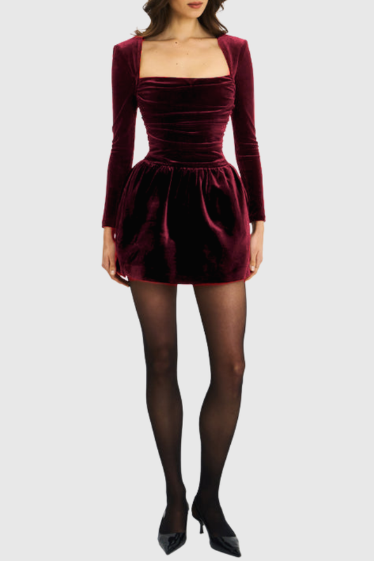 Esteba Square Neck Bow-Tie Velvet Mini Dress - Wine