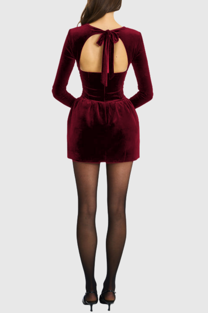 Esteba Square Neck Bow-Tie Velvet Mini Dress - Wine