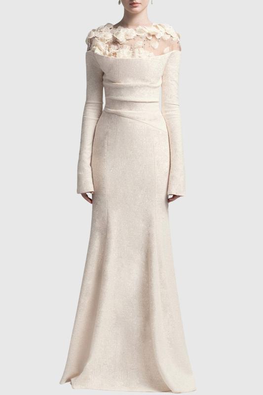 Estha Floral Embellished Draped Maxi Dress - Beige