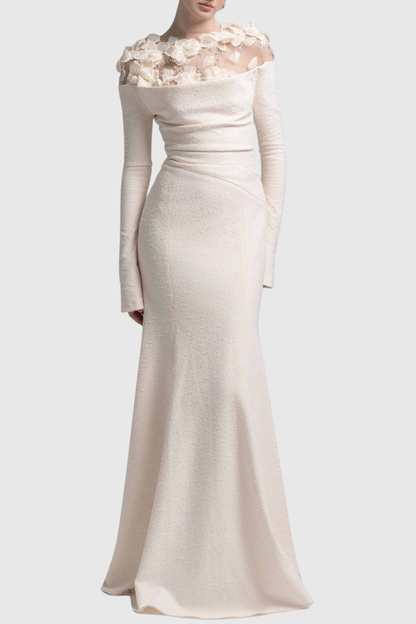 Estha Floral Embellished Draped Maxi Dress - Beige