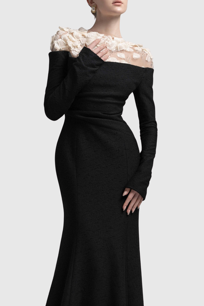 Estha Floral Embellished Draped Maxi Dress - Black