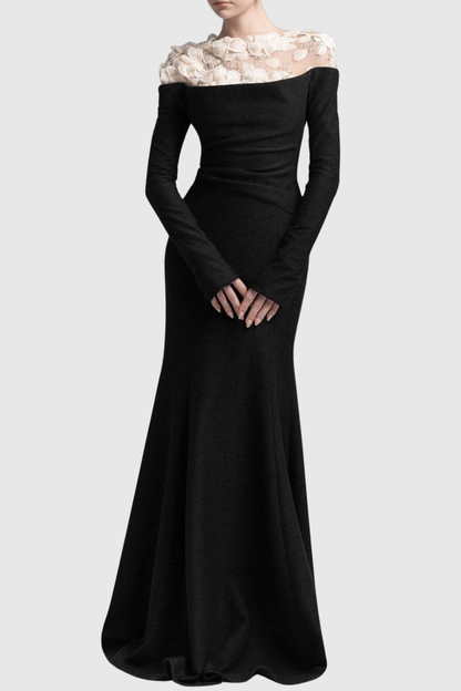 Estha Floral Embellished Draped Maxi Dress - Black
