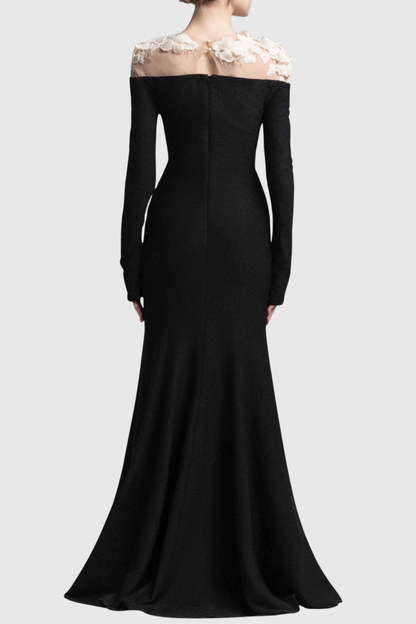 Estha Floral Embellished Draped Maxi Dress - Black