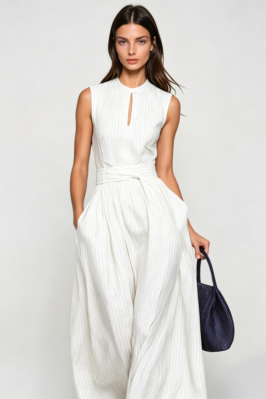 Eufemia Sleeveless Stripe Cutout Jumpsuit - Beige