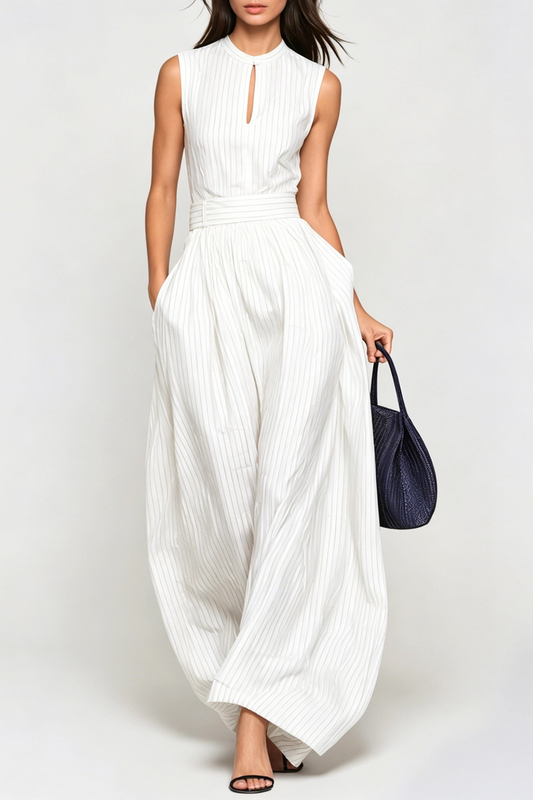 Eufemia Sleeveless Stripe Cutout Jumpsuit - Beige