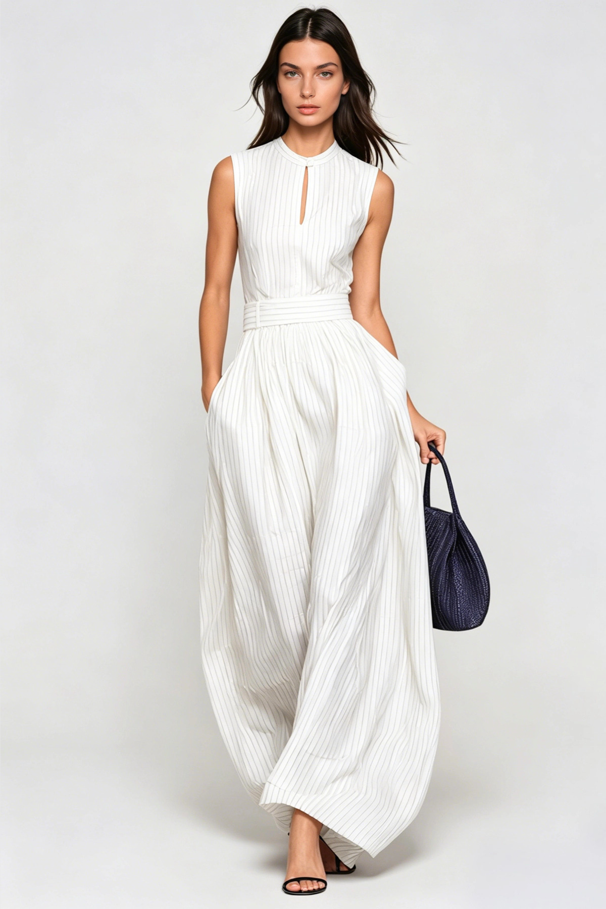 Eufemia Sleeveless Stripe Cutout Jumpsuit - Beige