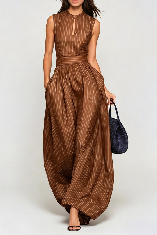 Eufemia Sleeveless Stripe Cutout Jumpsuit - Brown