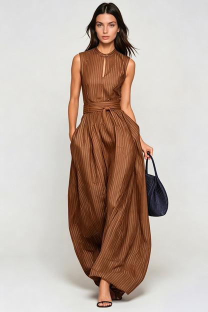 Eufemia Sleeveless Stripe Cutout Jumpsuit - Brown