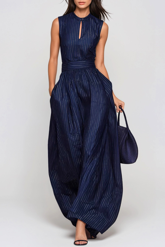 Eufemia Sleeveless Stripe Cutout Jumpsuit - Navy