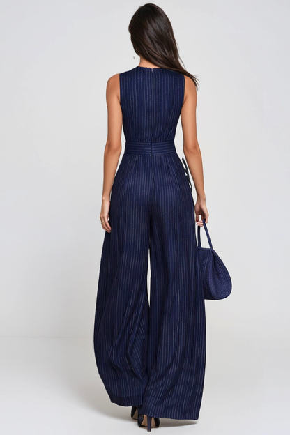 Eufemia Sleeveless Stripe Cutout Jumpsuit - Navy