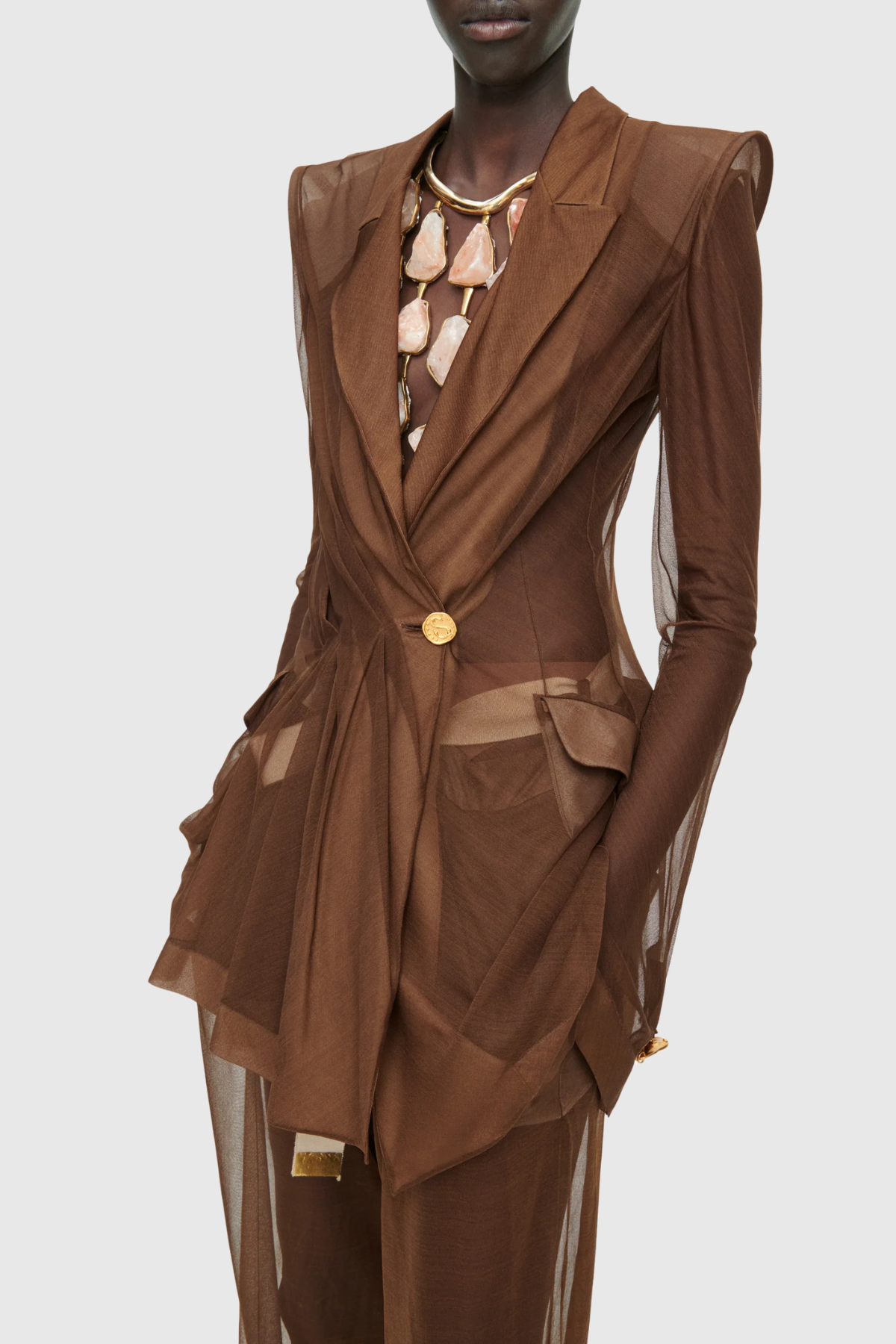 Eulalie Transparent Ruched Blazer - Brown