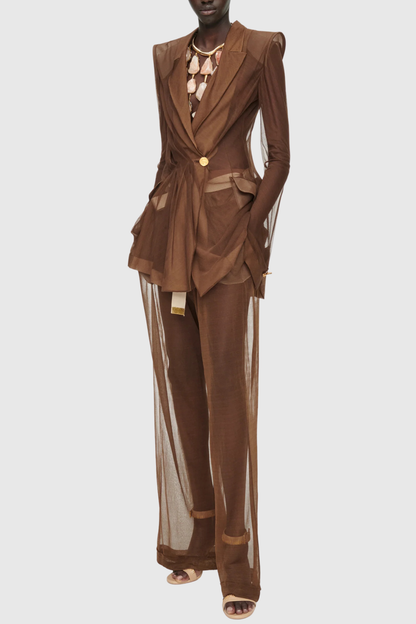 Eulalie Transparent Ruched Blazer - Brown