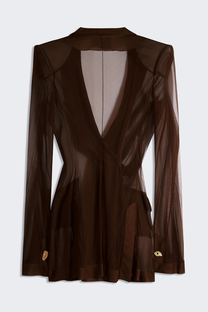 Eulalie Transparent Ruched Blazer - Brown