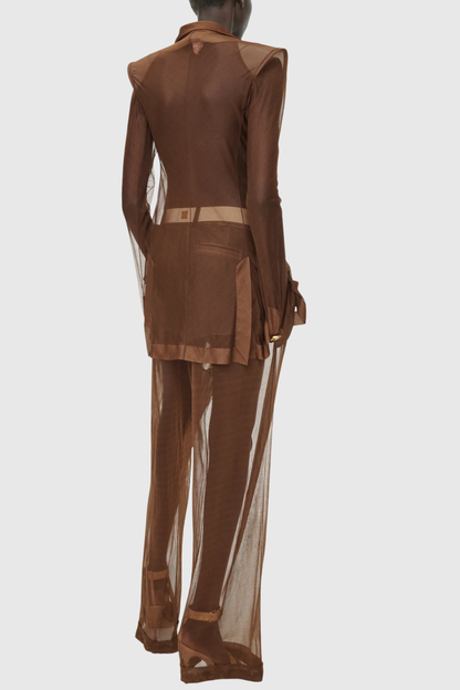 Eulalie Transparent Ruched Blazer - Brown