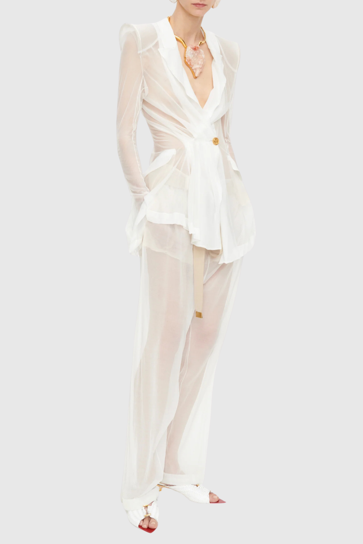 Eulalie Transparent Ruched Blazer - White