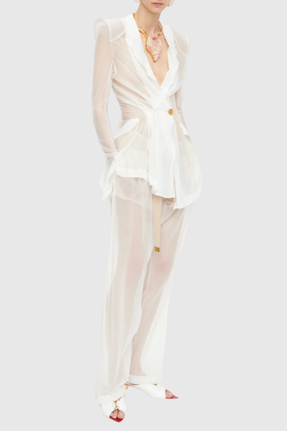 Eulalie Transparent Ruched Blazer - White
