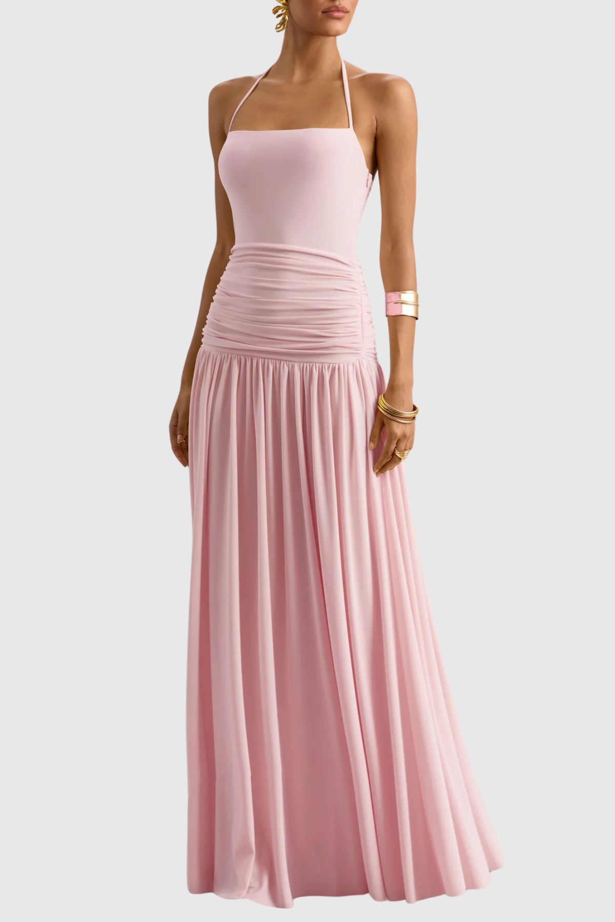 Evaki Halter Ruched Maxi Dress - Pink