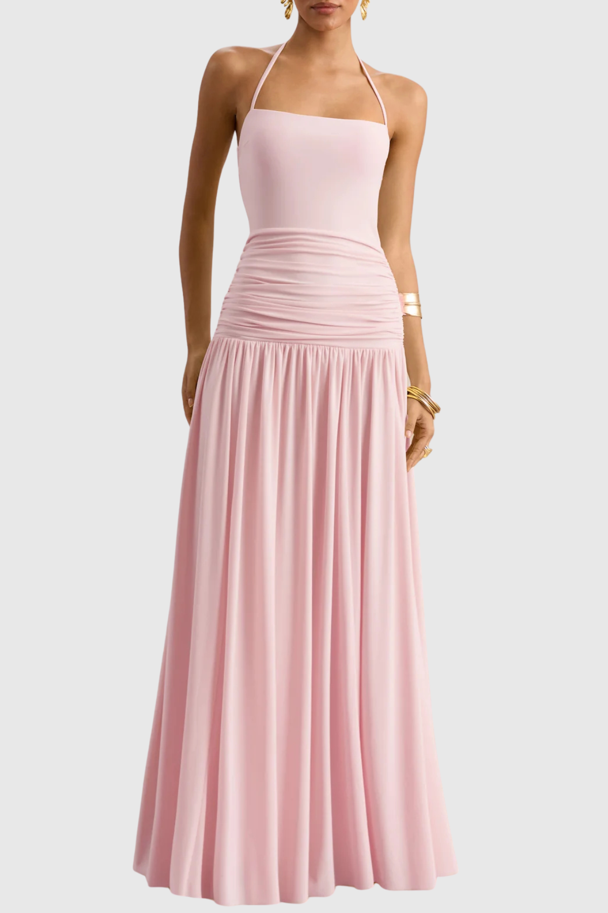 Evaki Halter Ruched Maxi Dress - Pink