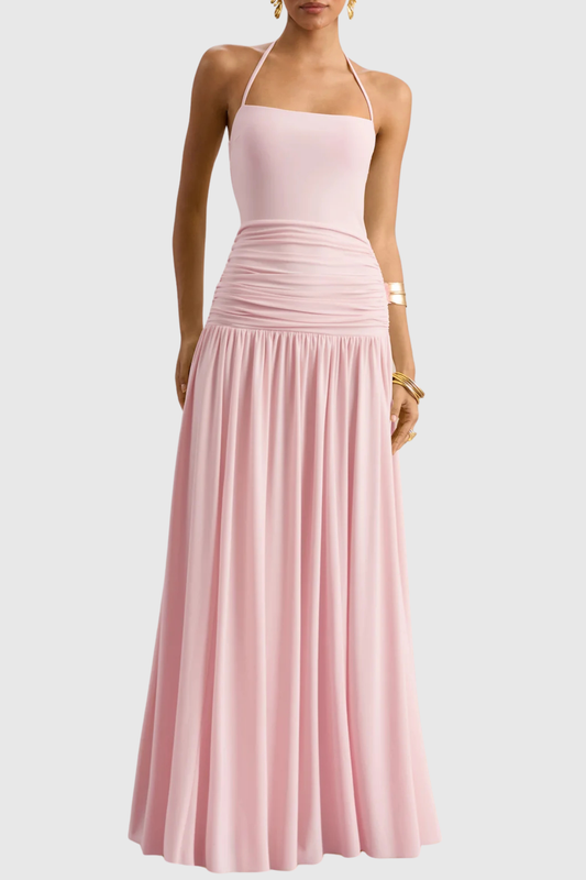 Evaki Halter Ruched Maxi Dress - Pink