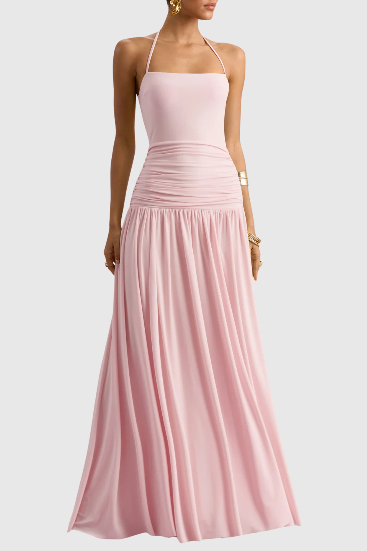 Evaki Halter Ruched Maxi Dress - Pink