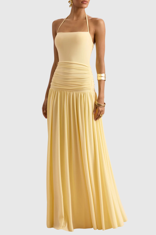 Evaki Halter Ruched Maxi Dress - Yellow