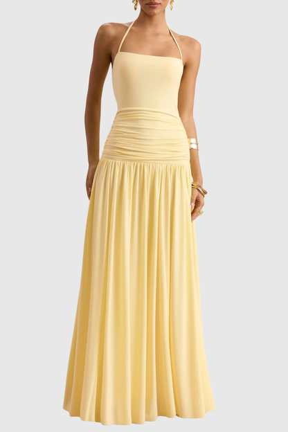 Evaki Halter Ruched Maxi Dress - Yellow