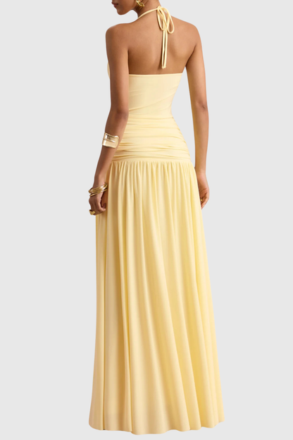 Evaki Halter Ruched Maxi Dress - Yellow