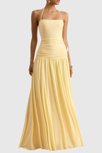 Evaki Halter Ruched Maxi Dress - Yellow