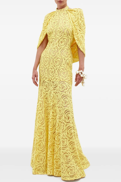 Evangels Floral Jacquard Cape Maxi Dress