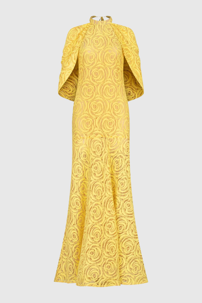 Evangels Floral Jacquard Cape Maxi Dress