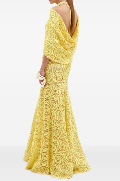 Evangels Floral Jacquard Cape Maxi Dress