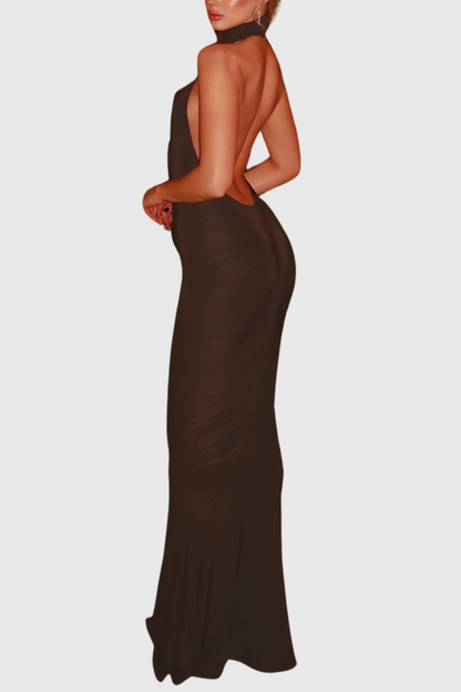 Evetta Halter Backless Ruched Maxi Dress - Brown