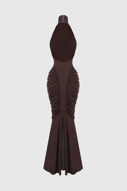 Evetta Halter Backless Ruched Maxi Dress - Brown