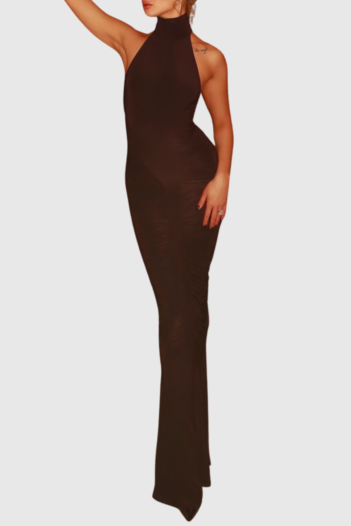 Evetta Halter Backless Ruched Maxi Dress - Brown