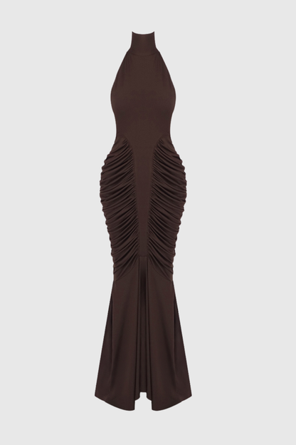 Evetta Halter Backless Ruched Maxi Dress - Brown