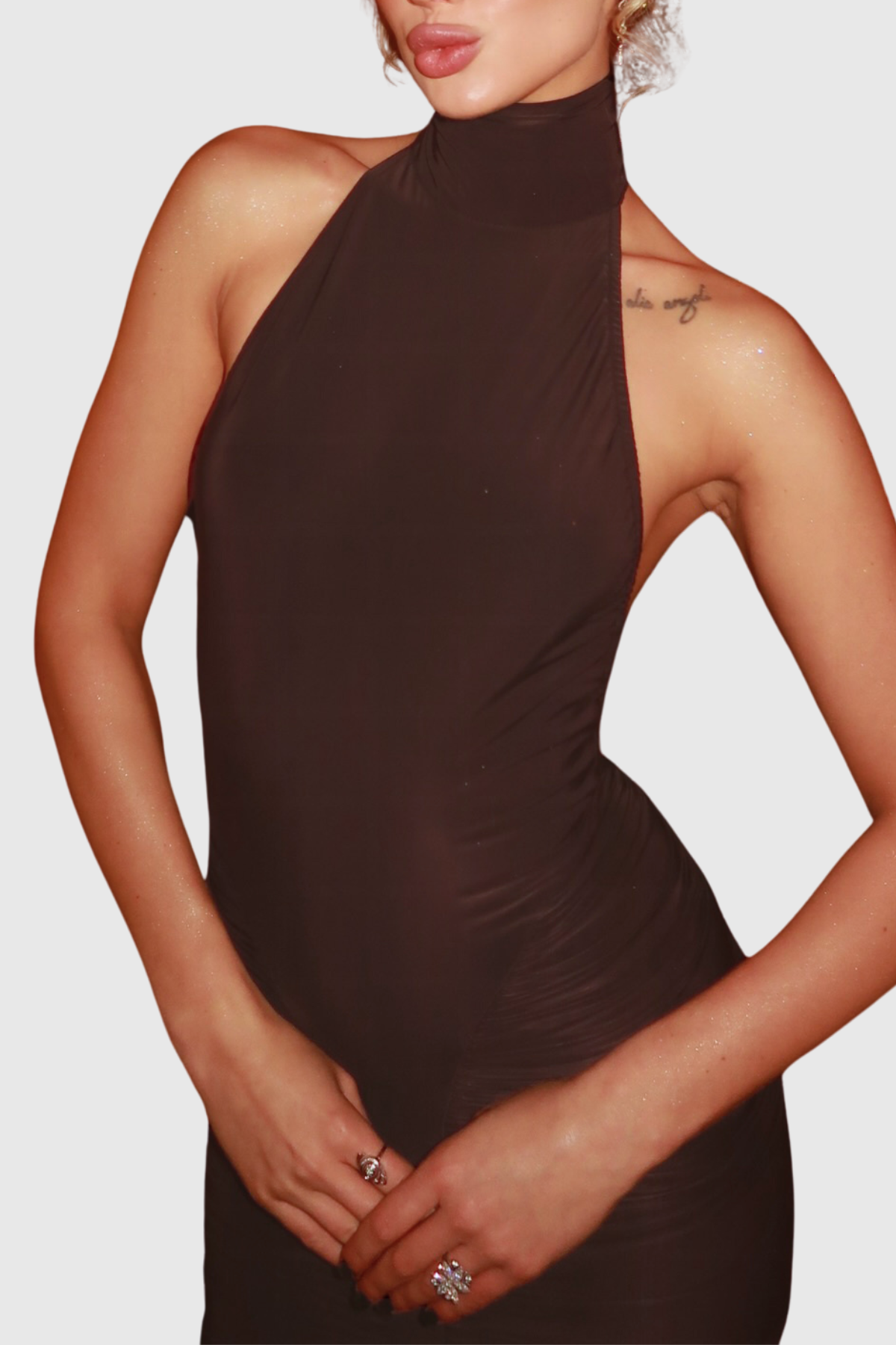 Evetta Halter Backless Ruched Maxi Dress - Brown