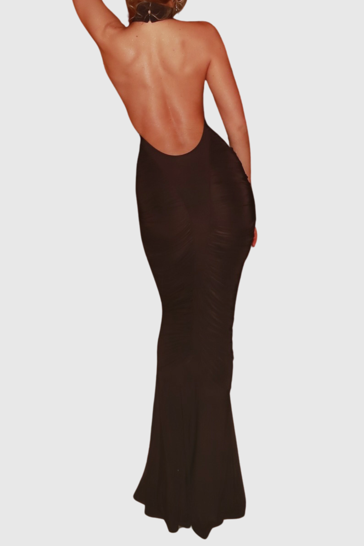 Evetta Halter Backless Ruched Maxi Dress - Brown