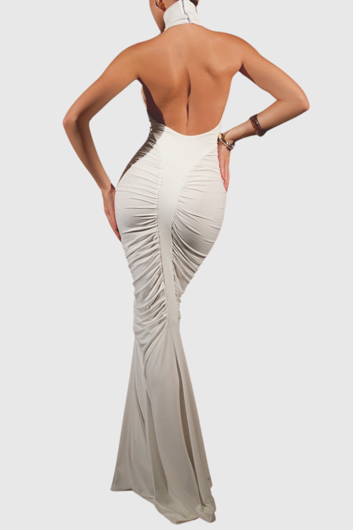 Evetta Halter Backless Ruched Maxi Dress - White