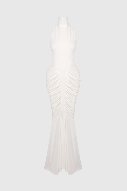 Evetta Halter Backless Ruched Maxi Dress - White