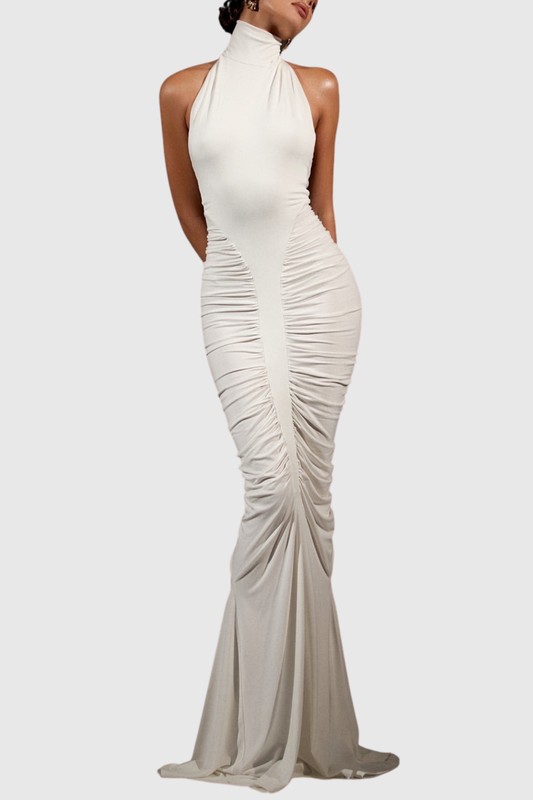 Evetta Halter Backless Ruched Maxi Dress - White