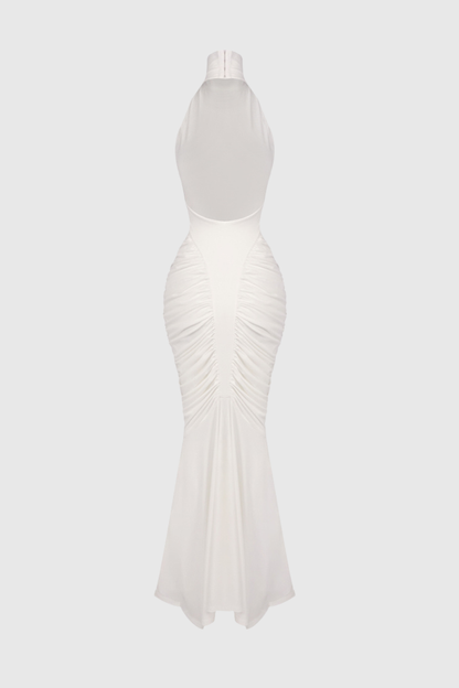 Evetta Halter Backless Ruched Maxi Dress - White