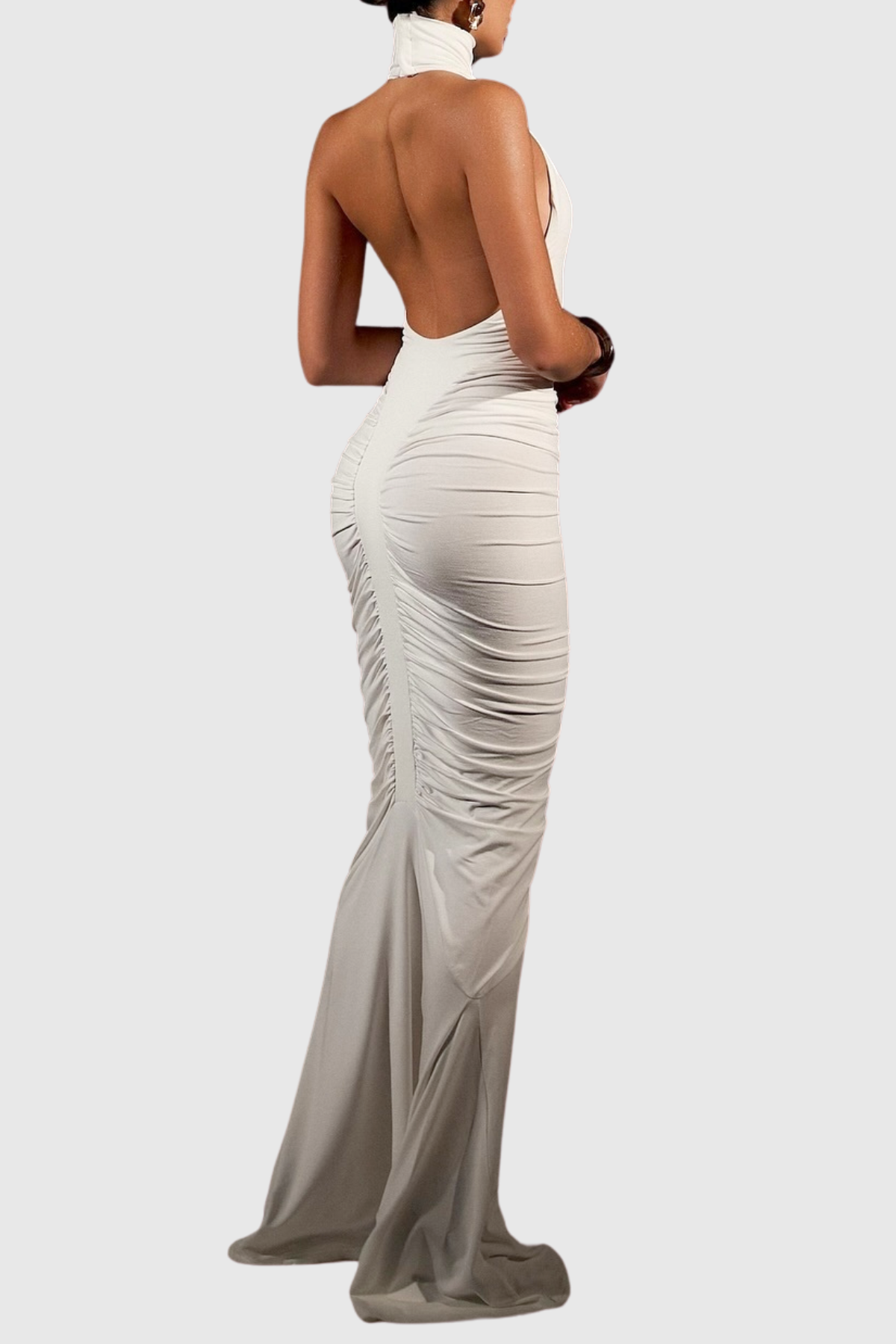Evetta Halter Backless Ruched Maxi Dress - White