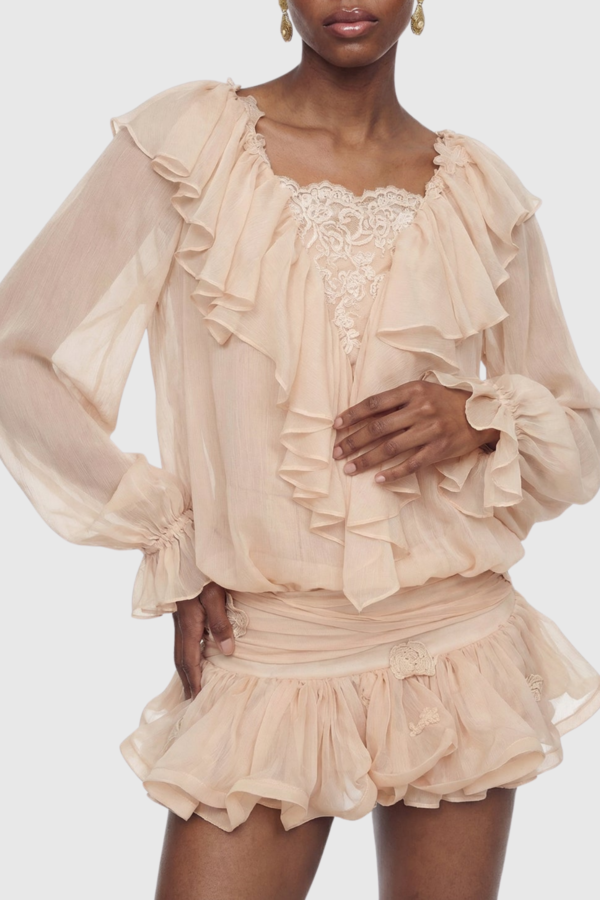 Ezio Floral Embroidered Ruffe Mini Dress - Apricot