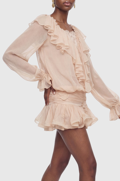 Ezio Floral Embroidered Ruffe Mini Dress - Apricot